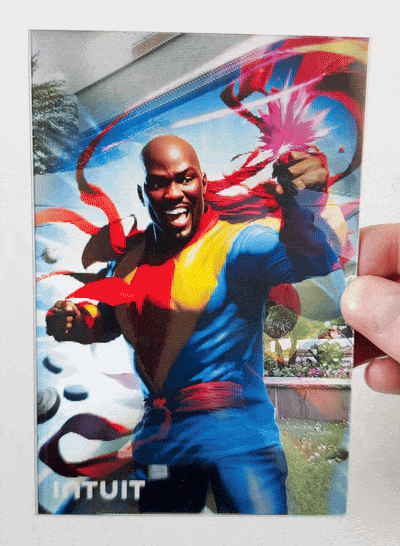 Lenticular photo booth print shifting between a guest's photo and AI portrait